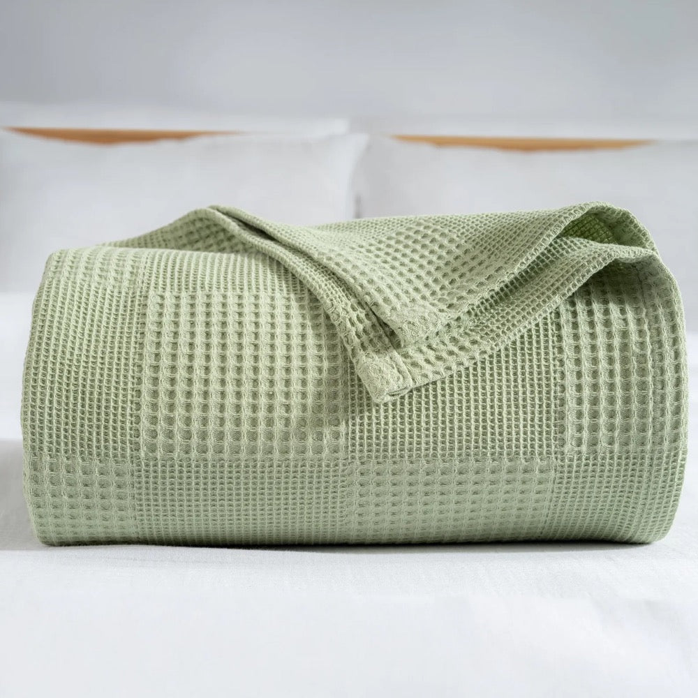 Waffle Weave Blanket Mint Green Thin, Lightweight, Airy, All-Season Throw Blankets for Bed or Cocuh