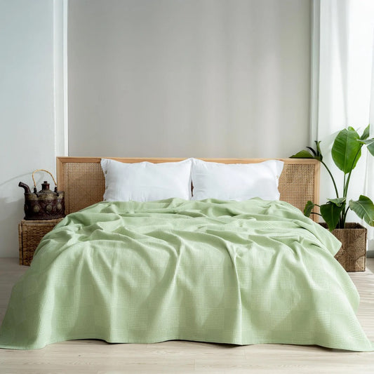 Waffle Weave Blanket Mint Green Thin, Lightweight, Airy, All-Season Throw Blankets for Bed or Cocuh